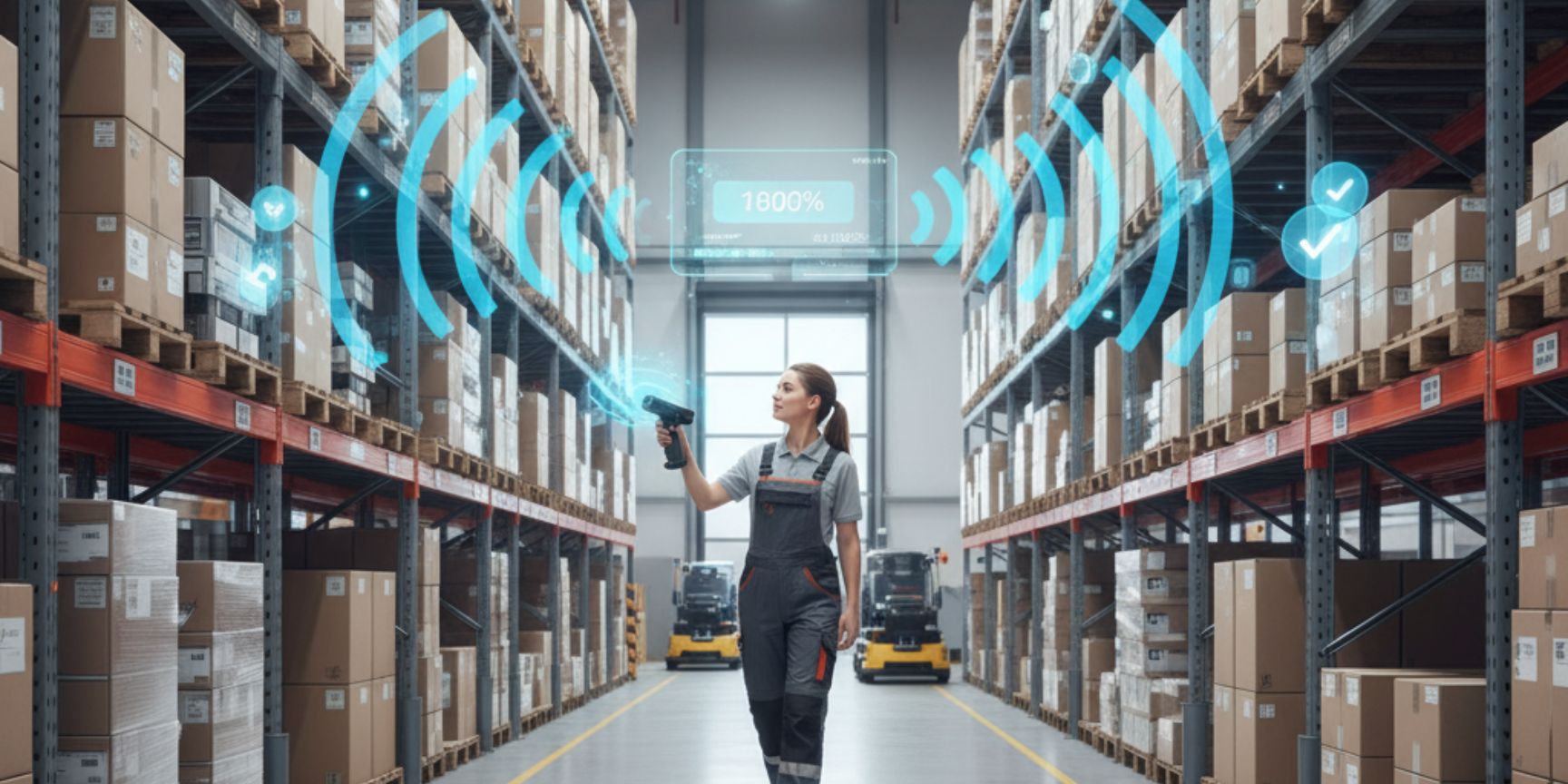 A warehouse worker in work overalls walks through a corridor in a modern high-bay warehouse, filled with stacked cardboard boxes. It holds up a mobile RFID reader from which blue radio wave symbols emanate, representing wireless data collection. Above it hovers a futuristic display that says 